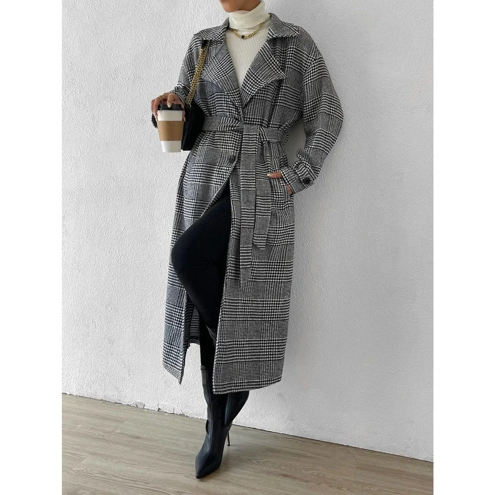 Gray black plaid long trench coat pea coat Belted Overcoat - Picture 1 of 6